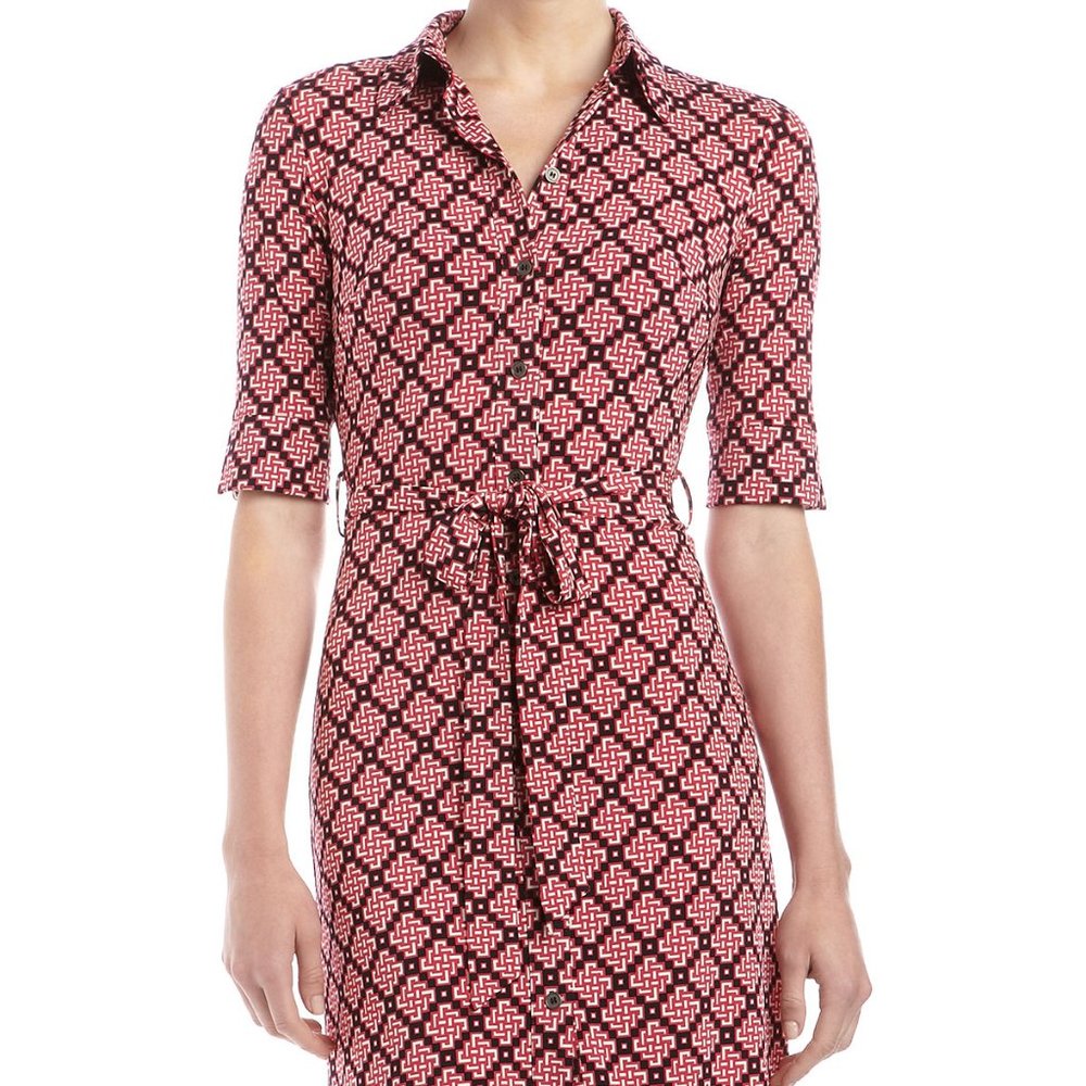 Chinois-Print Belted Shirtdress, Black/Multicolor